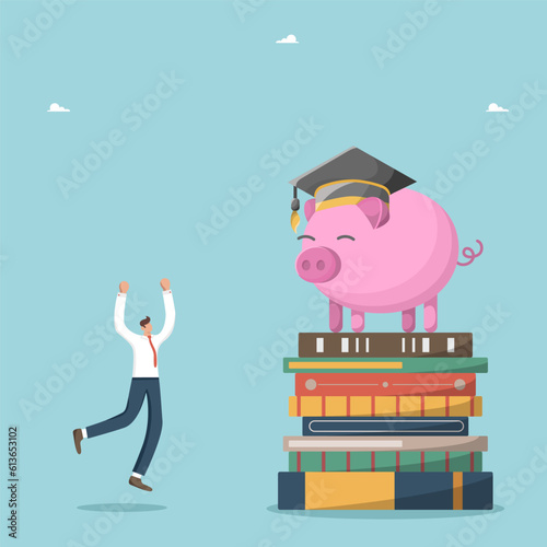 Financial education, budget planning for college or university, investing in training and knowledge, personal finance management and financial literacy, happy man near stack of books and piggy bank.