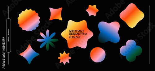 Set of abstract geometric shapes covered in gradients. Collec􀆟on of various shapes of the correct symmetrical shape on a dark isolated background. Graphic elements for your design. photo