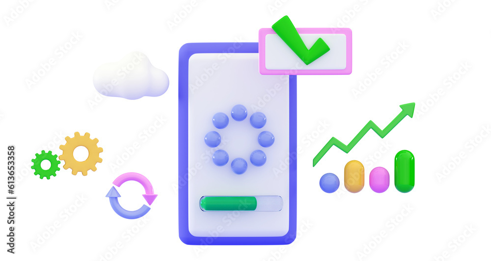 3d System update Improvement or change new version Installing update process Smartphone with update process screen Loading concept Minimal 3D rendering illustration 3d System update Improvement or change new version Installing update process Smartphone with update process screen Loading concept Minimal 3D rendering illustration