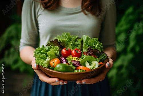 Woman holding a bowl of salad, with vibrant vegetables and a light dressing. AI generative