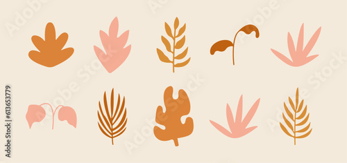 Set of abstract organic shapes inspired by matisse. Plants, leaf, algae, vase in paper cut collage style. Contemporary aesthetic vector element for logo, decoration, print, cover, wallpaper