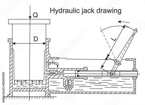 Vector drawing of a steel mechanical device (hydraulic jack). Engineering cad scheme. Technical background. Load lifting device.