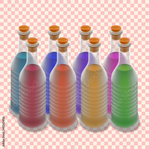 Pack of eight ribbed realistic glass bottles isolated on transparent background. Each bottle filled with a various color liquid: red, puprple, blue, pink, red, yellow, orange, green.