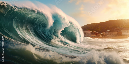 Enormous tsunami waves, disaster about to happen, city about to become flooded. generative ai © MVProductions