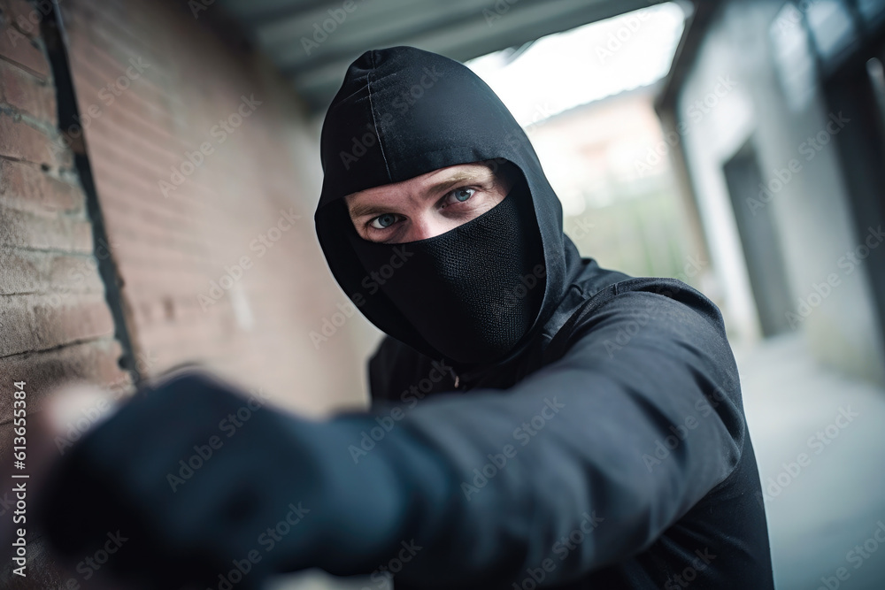 Burglar making a selfie. Unrecognizable person in a black hoodie and mask. Criminal issues concept. Generative AI Burglar making a selfie. Unrecognizable person in a black hoodie and mask. Criminal issues concept. Generative AI
