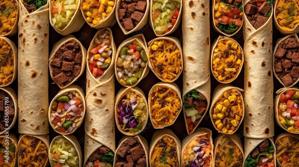 Photo burritos wraps with beef and vegetables background vegetabels top view A professional photography should use a high quality Generative AI