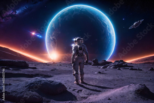 astronaut in white space suit walking on alien rocky planet with earth like planet shining stars over orange glowing horison and space station in orbit