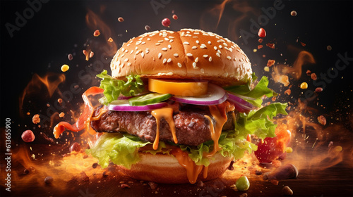 tasty fully loaded cheeseburger epic action shot photography with a black background