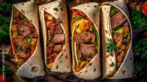 Photo burritos wraps with beef and vegetables background vegetabels top view A professional photography should use a high quality Generative AI photo