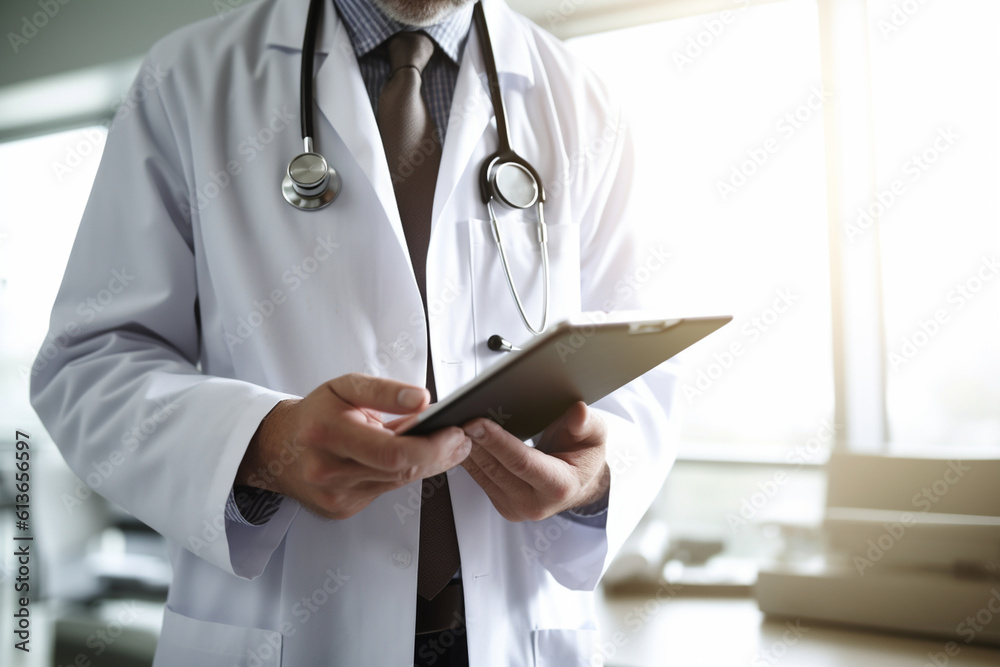 Doctor using a digital tablet to access electronic medical records, doctor, hospital Generative AI Doctor using a digital tablet to access electronic medical records, doctor, hospital Generative AI