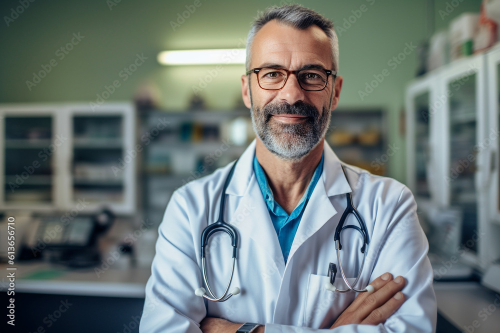 Portrait of a doctor with a confident expression, standing in front of medical equipment, doctor, hospital Generative AI Portrait of a doctor with a confident expression, standing in front of medical equipment, doctor, hospital Generative AI