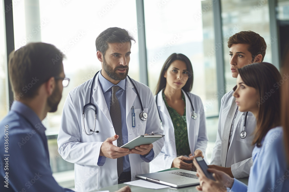 Doctor discussing treatment plans with a multi-disciplinary medical team, doctor, hospital Generative AI