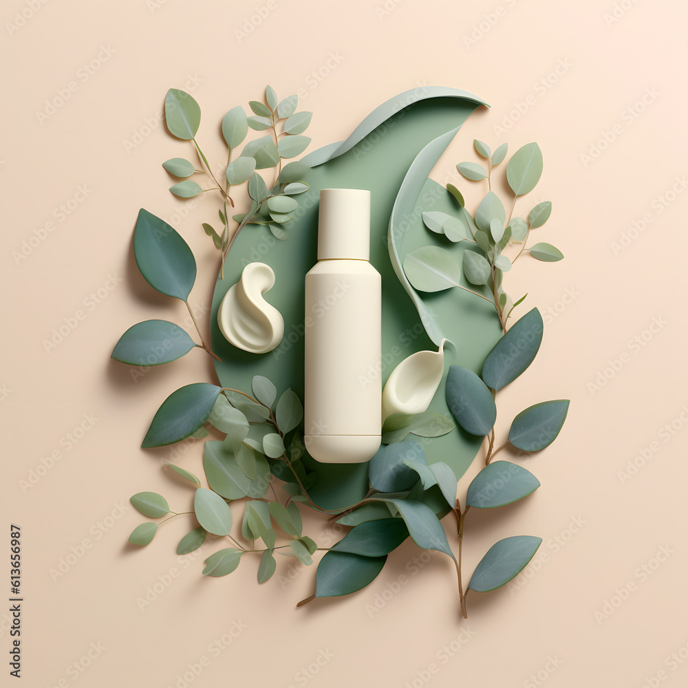 Mock up for branding on pastel biege background with leaves and branch. Tube, dispenser or jar. Branding identity modern concept. Flat lay top view. Organic natural eco cosmetics. Space for text Mock up for branding on pastel biege background with leaves and branch. Tube, dispenser or jar. Branding identity modern concept. Flat lay top view. Organic natural eco cosmetics. Space for text