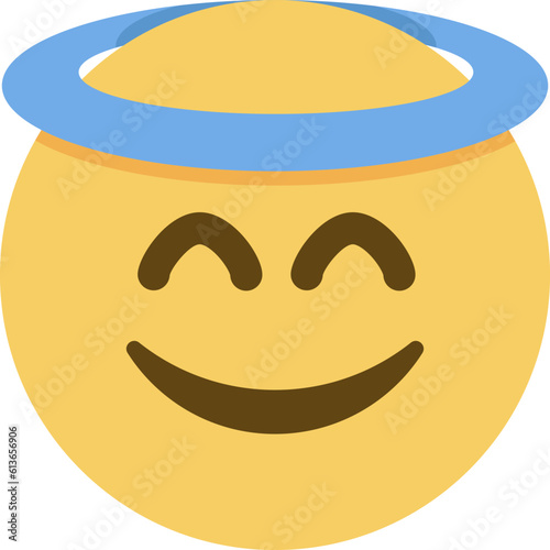 Smiling Face with Halo vector emoji icon. A yellow face with smiling eyes, closed smile, and halo, usually blue, overhead. Often represents angels, prayers, and blessings.
