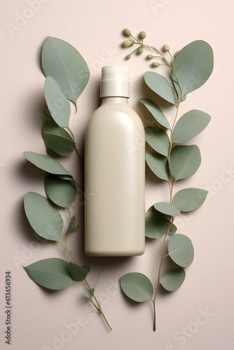 Mock up for branding on pastel biege background with leaves and branch. Tube, dispenser or jar. Branding identity concept. Flat lay top view. Organic natural eco cosmetics. Space for text 