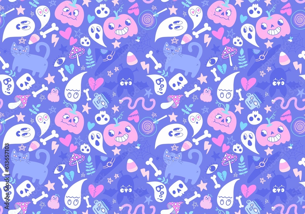Cartoon Halloween seamless pumpkins and skulls and ghost and cat pattern for wrapping paper and fabrics Cartoon Halloween seamless pumpkins and skulls and ghost and cat pattern for wrapping paper and fabrics