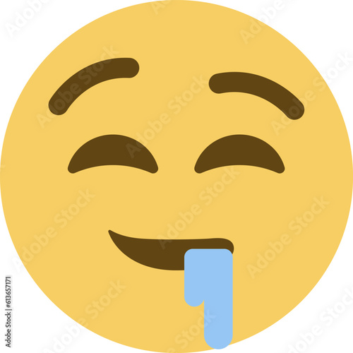 Top quality emoticon. Drooling emoji. Emoticon with saliva from mouth corner. Yellow face emoji. Popular element.