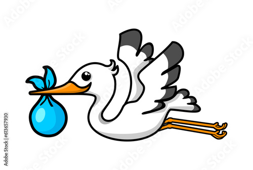 Cartoon stork carrying baby in bag. Can be used for cards, flyers, posters, t-shirts. Vector on transparent background
