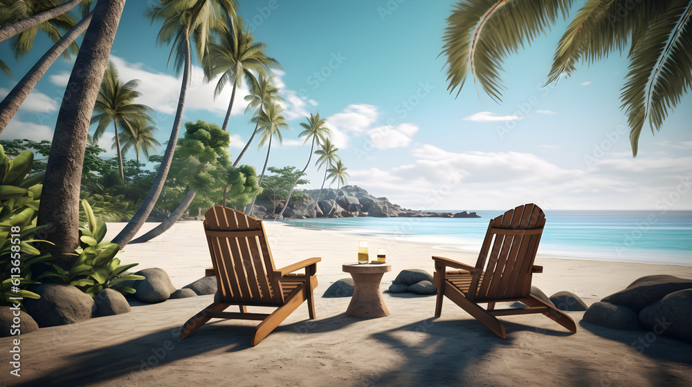 Dwa puste krzesła na piaszczystej plaży i stolik pomiędzy