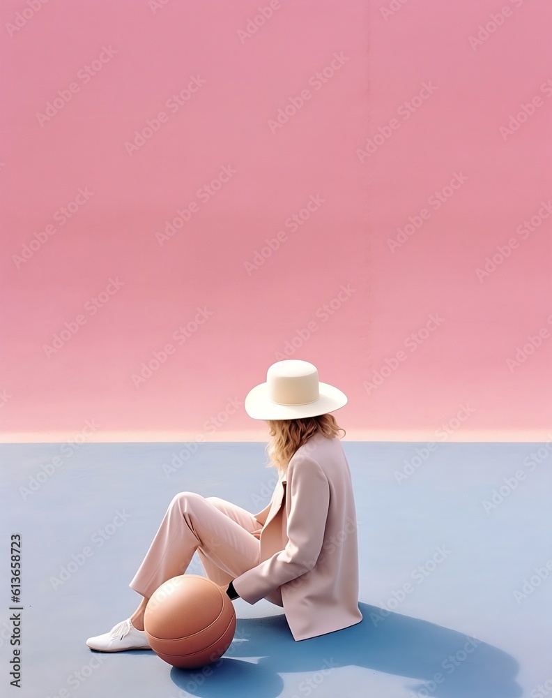 a woman in a hat and pink outfit sitting on court hol
