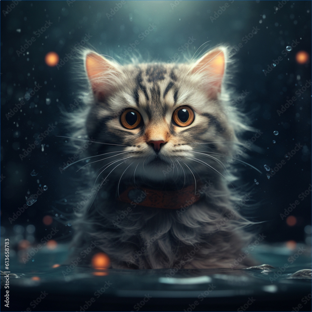 a gray cat is sitting on top of a shallow pool of water, in the style of photorealistic fantasies, playful character designs, realistic lighting, oleksandr bogomazov, water drops, dark cyan.