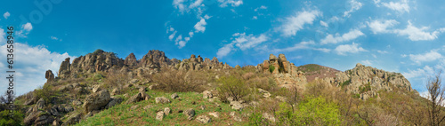 Stony Demerdzhi Mountain panorama view (Crimea, Ukraine), and "Valley of ghosts" (with rocky bizarre geological formations) under this mount.