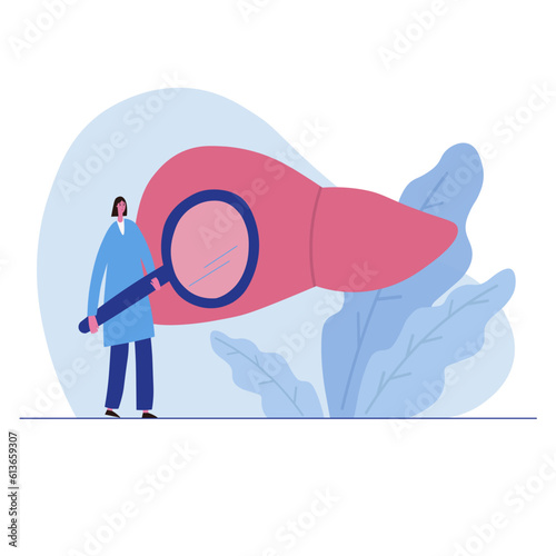 Liver organ and doctor checking organ hand drawn flat vector illustration on isolated white background. Concept for medicine, gastroenterologist, infectious disease specialist, fight against hepatitis