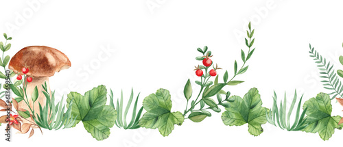Horizontal watercolor forest seamless border pattern. Porcini mushrooms, green leaves and branches, red berries and wildflowers. Hand drawn botanical illustration. Can be used for fabric, packaging