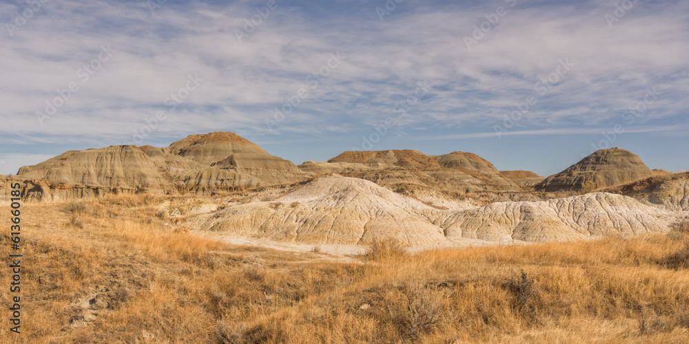Beautiful cloudy sky over formations in Alberta Dinosaur Provincial Park