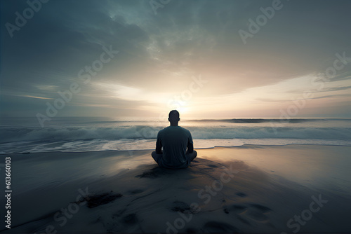 Fotobehang Man meditating sitting on the beach at sunset with beautiful ocean on the background