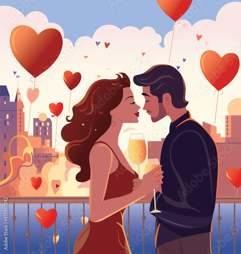 vector art of kissing couple in city