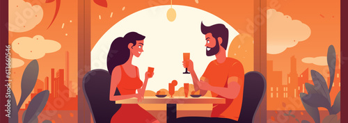 Vector art of couple having meal in restaurant