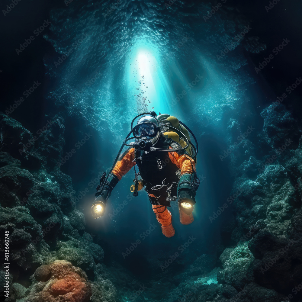 Diver underwater, Depth, Diving exploration in the sea. Diver underwater, Depth, Diving exploration in the sea.
