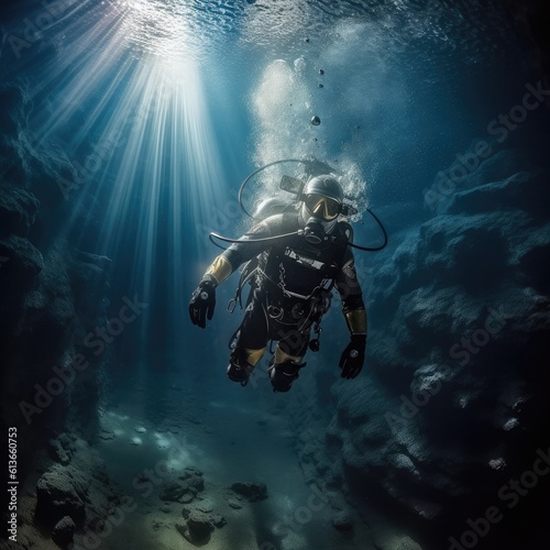 Diver underwater, Depth, Diving exploration in the sea. © visoot