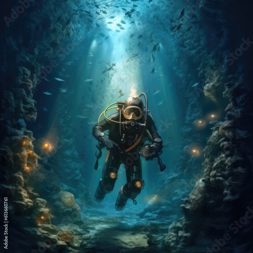 Scuba deep sea diver swimming in a deep ocean cavern, Underwater exploration.