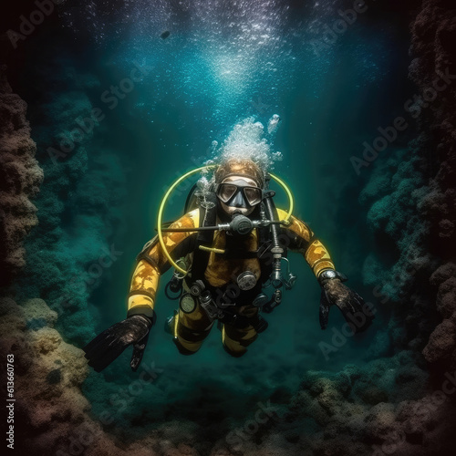 Scuba divers in the ocean, Underwater exploration.