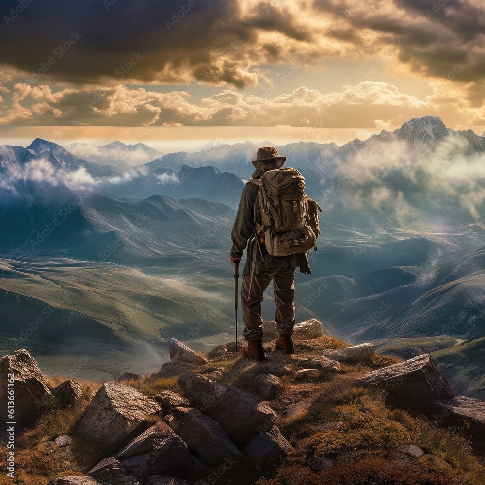 Hiker standing on top of a mountain overlooking a stunning view, Mission accomplished. Hiker standing on top of a mountain overlooking a stunning view, Mission accomplished.