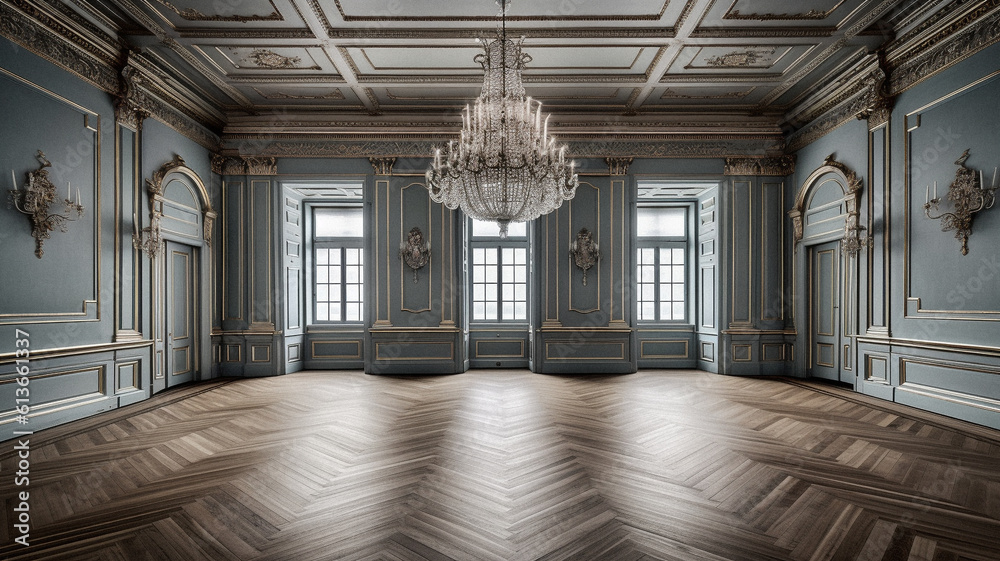 Empty baroque room with no furniture, created with generative AI technology