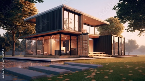 modern industry exterior style house, Made from converted shipping container, Sustainability for environmental preservation.