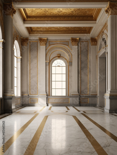 Empty classic greek room with no furniture, created with generative AI technology