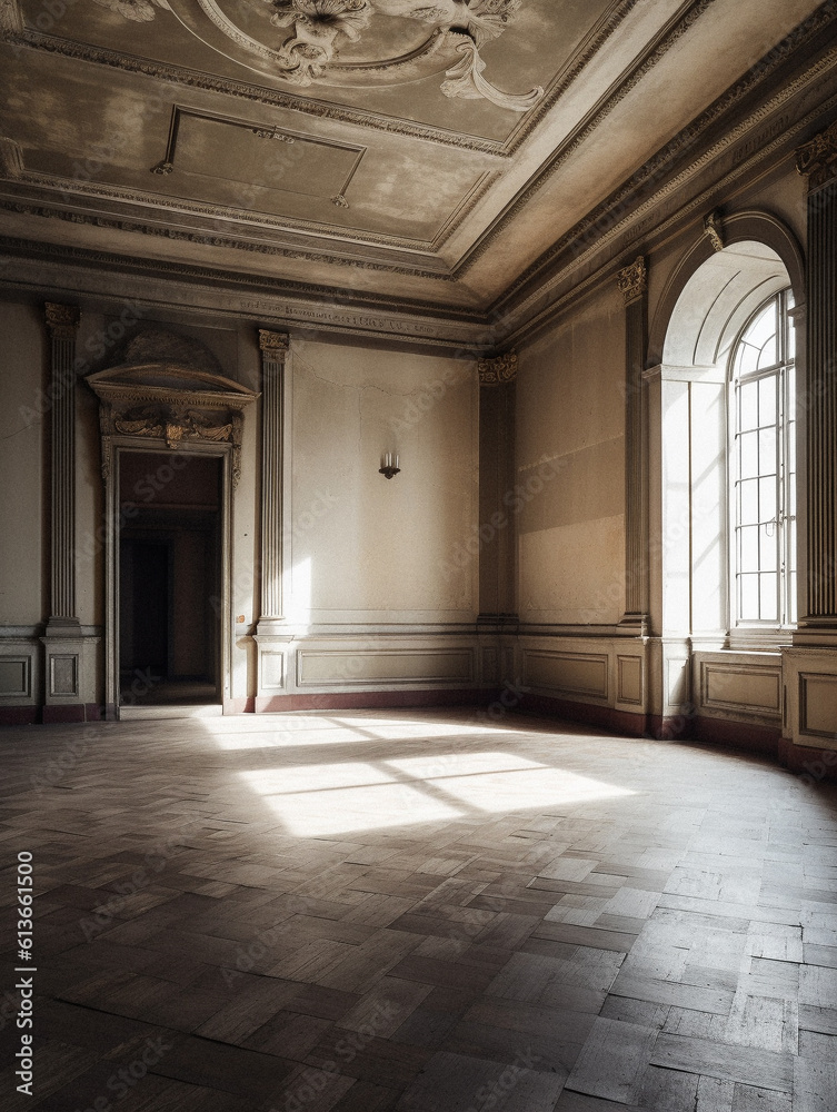 Empty renaissance room with no furniture, created with generative AI technology
