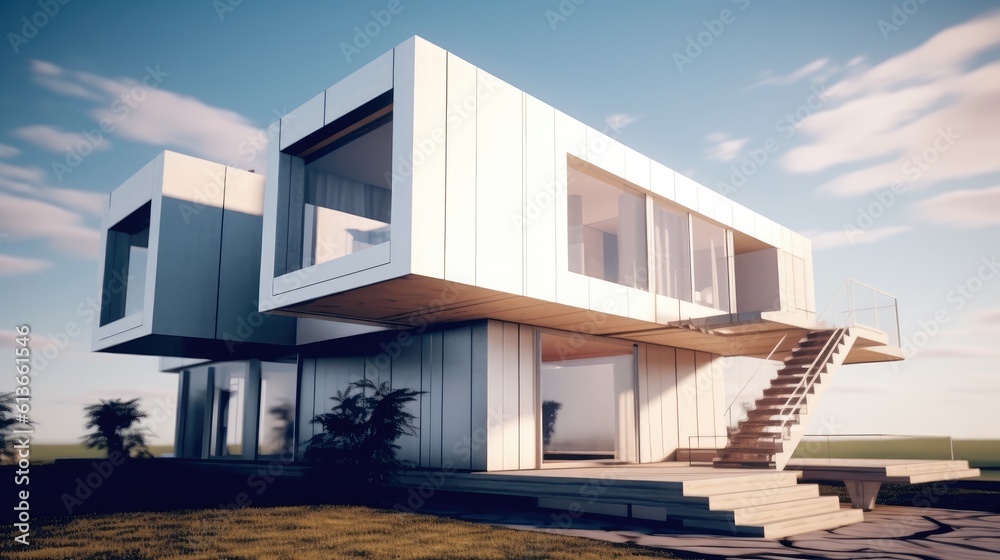 modern industry exterior style house, Made from converted shipping container, Sustainability for environmental preservation.