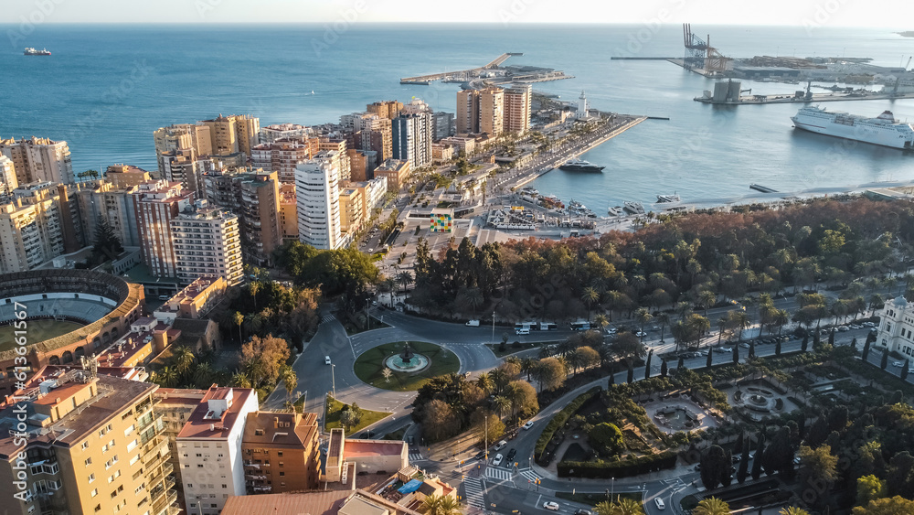 aerial view of city port, park, harbor and downtown of Malaga, Andalusia, Spain