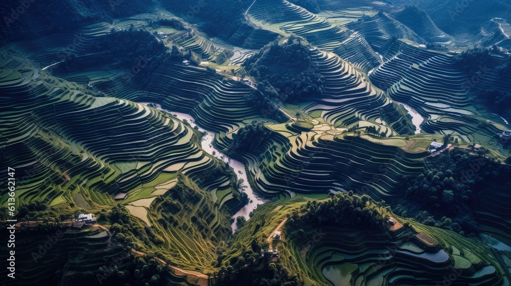 Terraced rice, Landscape of the terraced rice fields at Mugang Chai during the farming season in Vietnam.