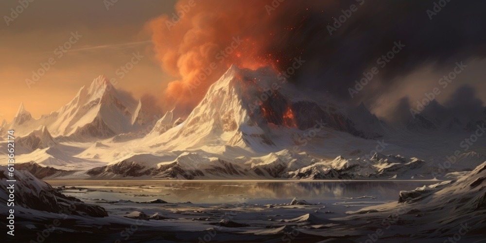 volcanic eruptions in Antarctica, in heavy snow, Environment-themed, horizontal format in JPG.  Generative AI