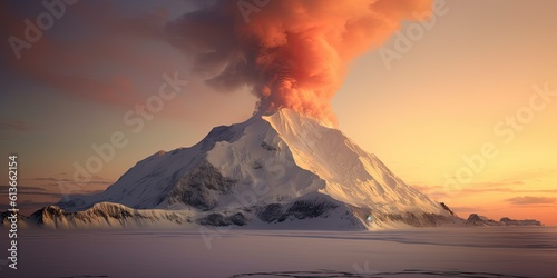 volcanic eruptions in Antarctica, in heavy snow, Environment-themed, horizontal format in JPG. Generative AI
