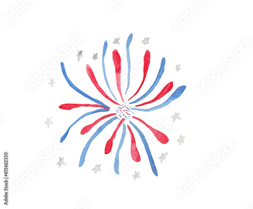 Fireworks in red and blue colors USA watercolor illustration on transparent background. 4th of July, United States, independence day. Greeting card, travel flyer, party invitation. Hand painted 