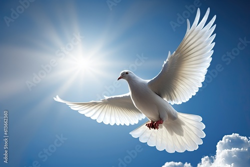 Dove in the sun. White dove against the blue sky. AI generated