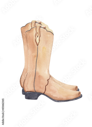 Cowboy boots USA watercolor illustration on transparent background. 4th of July,  United States. Greeting card, travel flyer, party invitation. Hand painted 