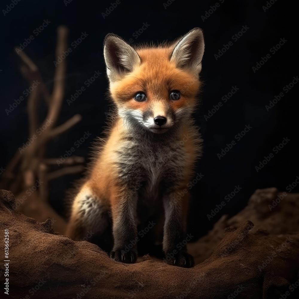 Red fox cub, Cute little wild predators in natural environment.